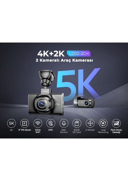 Lıngdu LD02 5k 3 Inç Ekran 150° 2 Kameralı 64GB Araç Içi Kamera