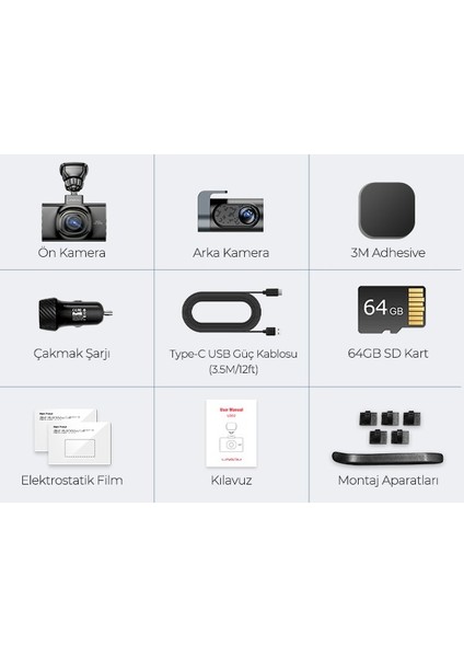 Lıngdu LD02 5k 3 Inç Ekran 150° 2 Kameralı 64GB Araç Içi Kamera