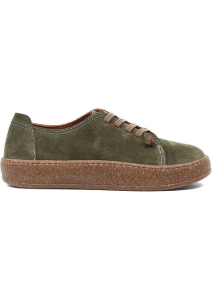 Kadın Haki Bağcıklı Kalın Tabanlı Süet Deri Ayakkabı