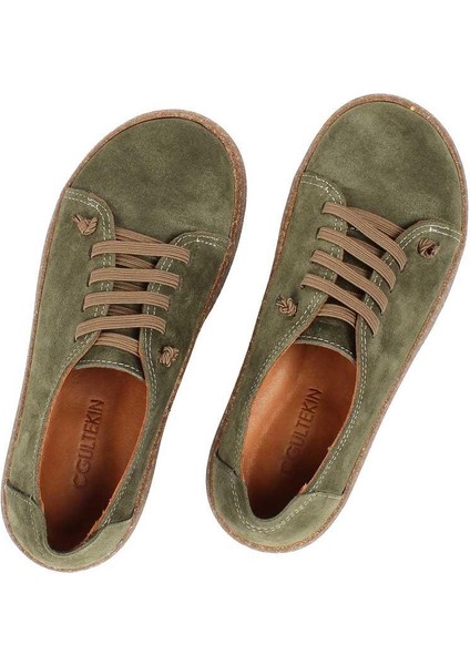 Kadın Haki Bağcıklı Kalın Tabanlı Süet Deri Ayakkabı