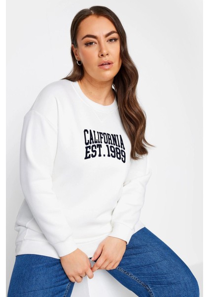 Büyük Beden Bisiklet Yaka Işleme Baskılı Uzun Kollu Sweatshirt 302918