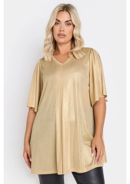 Büyük Beden V Yaka Kısa Kollu Parlak Görünümlü Bluz 303718