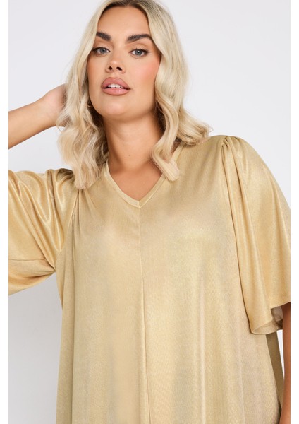 Büyük Beden V Yaka Kısa Kollu Parlak Görünümlü Bluz 303718 indirimleri