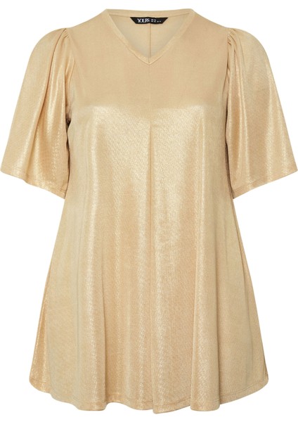 Büyük Beden V Yaka Kısa Kollu Parlak Görünümlü Bluz 303718