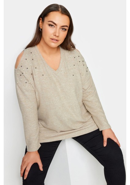 Büyük Beden V Yaka Omuz Detaylı Boncuk Işlemeli Kazak 302776