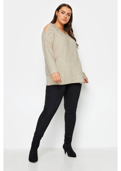 Büyük Beden V Yaka Omuz Detaylı Boncuk Işlemeli Kazak 302776 fiyatları