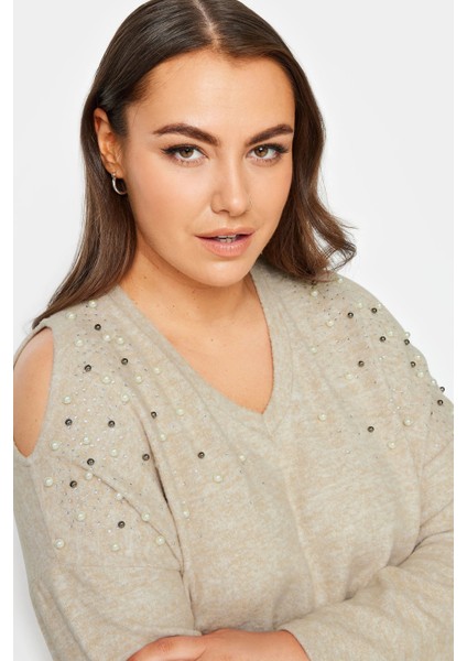 Büyük Beden V Yaka Omuz Detaylı Boncuk Işlemeli Kazak 302776 indirimleri