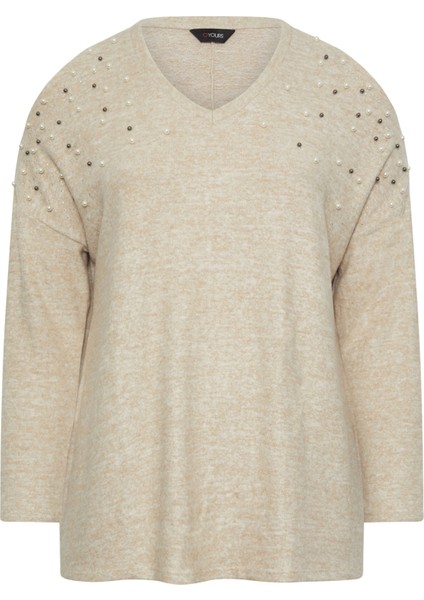 Büyük Beden V Yaka Omuz Detaylı Boncuk Işlemeli Kazak 302776