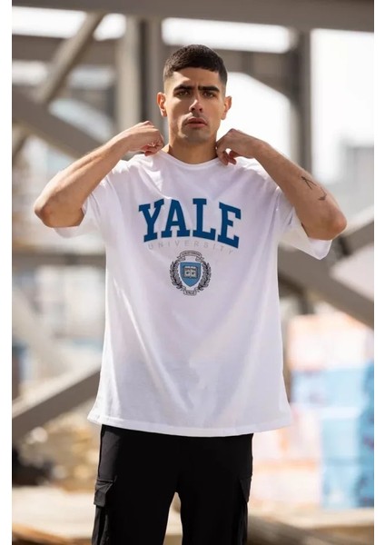 Mdb Unisex Bisiklet Yaka Baskılı Oversize Thirt Beyaz