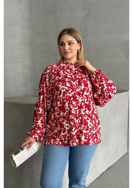 Büyük Beden Yakası Büzgülü Uzun Kollu Desenli Bluz E15233