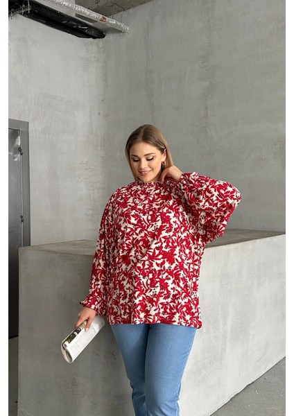 Büyük Beden Yakası Büzgülü Uzun Kollu Desenli Bluz E15233 fiyatları