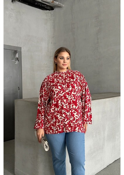 Büyük Beden Yakası Büzgülü Uzun Kollu Desenli Bluz E15233 fırsatları
