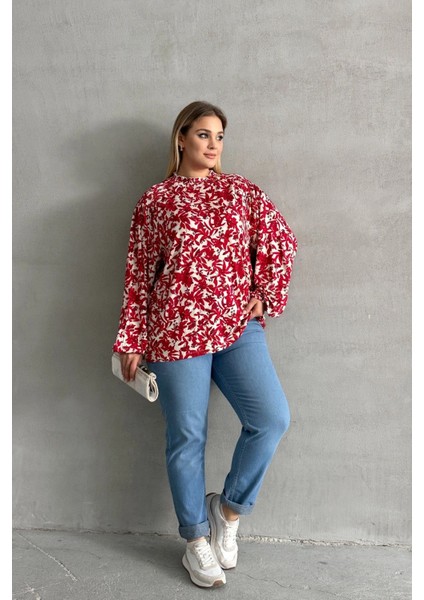 Büyük Beden Yakası Büzgülü Uzun Kollu Desenli Bluz E15233 indirimleri