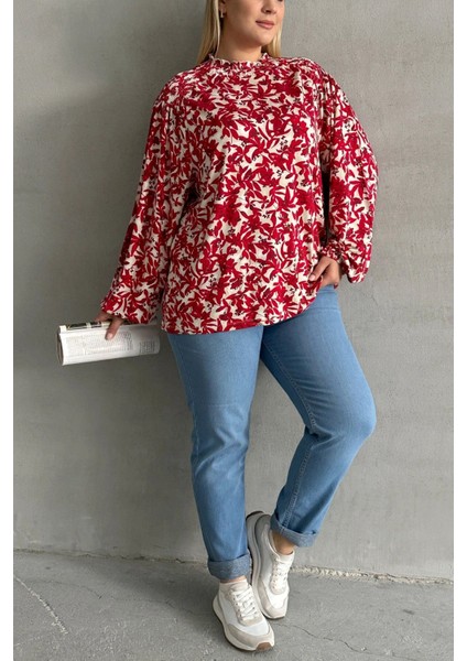 Büyük Beden Yakası Büzgülü Uzun Kollu Desenli Bluz E15233