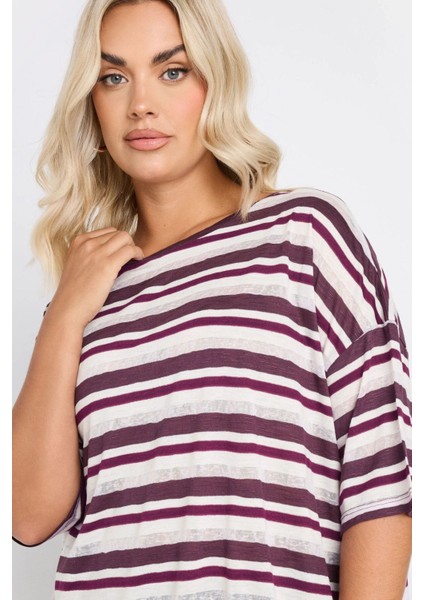 Büyük Beden Yanları Yırtmaçlı Kısa Kollu Bisiklet Yaka Çizgili T-Shirt 303668 fiyatları