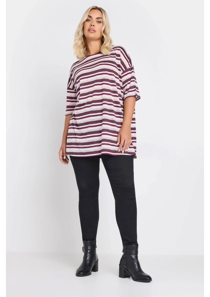 Büyük Beden Yanları Yırtmaçlı Kısa Kollu Bisiklet Yaka Çizgili T-Shirt 303668 fırsatları