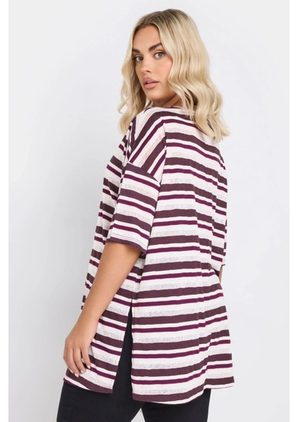Büyük Beden Yanları Yırtmaçlı Kısa Kollu Bisiklet Yaka Çizgili T-Shirt 303668 indirimleri