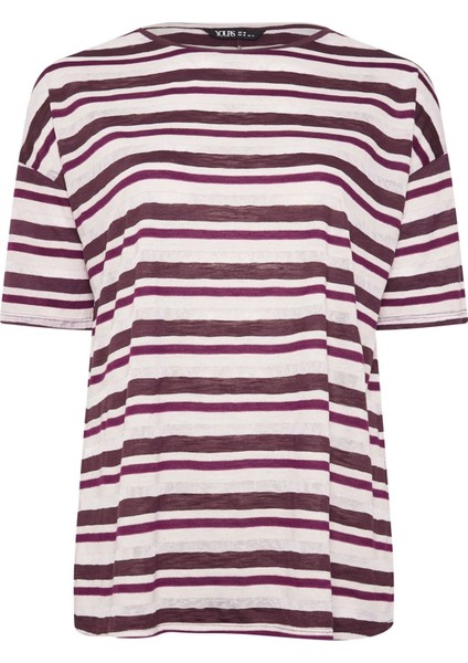 Büyük Beden Yanları Yırtmaçlı Kısa Kollu Bisiklet Yaka Çizgili T-Shirt 303668