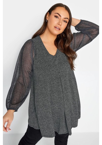 Büyük Beden Uzun Kolları Tül Detaylı Pileli V Yaka Bluz 302824