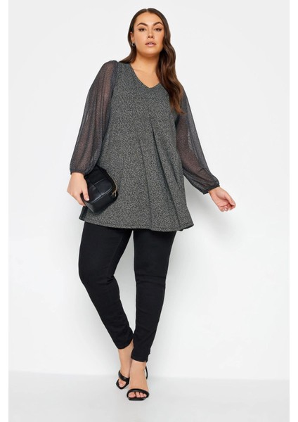 Büyük Beden Uzun Kolları Tül Detaylı Pileli V Yaka Bluz 302824 fiyatları