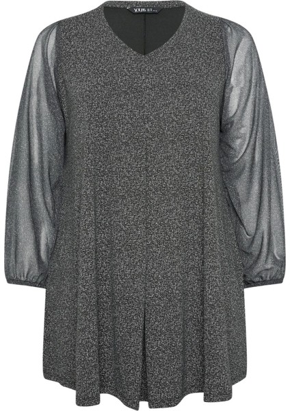 Büyük Beden Uzun Kolları Tül Detaylı Pileli V Yaka Bluz 302824