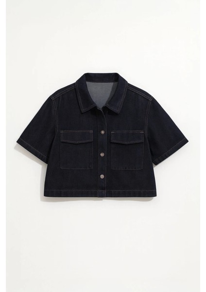 Kadın Regular Fit Cepli Lacivert Crop Jean Gömlek fiyatları