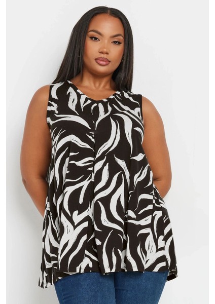 Büyük Beden V Yaka Sıfır Kol Pileli Desenli Likralı Bluz 303417