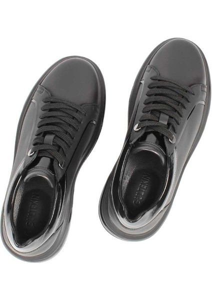 Erkek Siyah Mat Bağcıklı Kalın Tabanlı Deri Sneaker