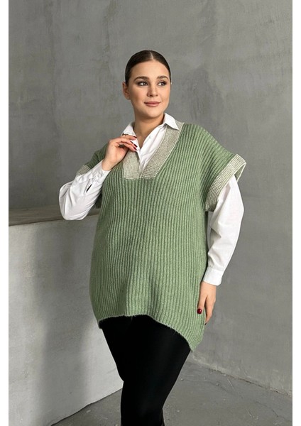 Büyük Beden V Yaka Kısa Kollu Triko Süveter 302136