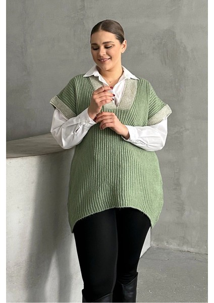 Büyük Beden V Yaka Kısa Kollu Triko Süveter 302136 fiyatları