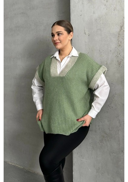 Büyük Beden V Yaka Kısa Kollu Triko Süveter 302136 fırsatları