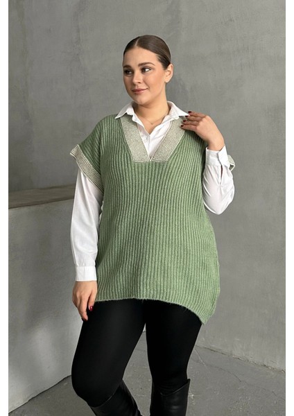 Büyük Beden V Yaka Kısa Kollu Triko Süveter 302136 indirimleri