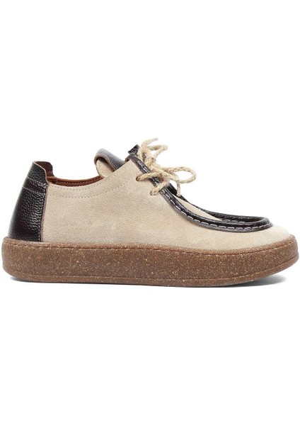 Kadın Bej Kahverengi Bağcıklı Kalın Tabanlı Süet Deri Ayakkabı