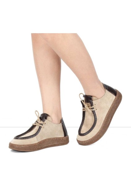 Kadın Bej Kahverengi Bağcıklı Kalın Tabanlı Süet Deri Ayakkabı fiyatları