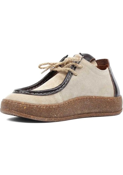 Kadın Bej Kahverengi Bağcıklı Kalın Tabanlı Süet Deri Ayakkabı fırsatları