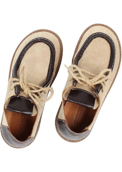 Kadın Bej Kahverengi Bağcıklı Kalın Tabanlı Süet Deri Ayakkabı