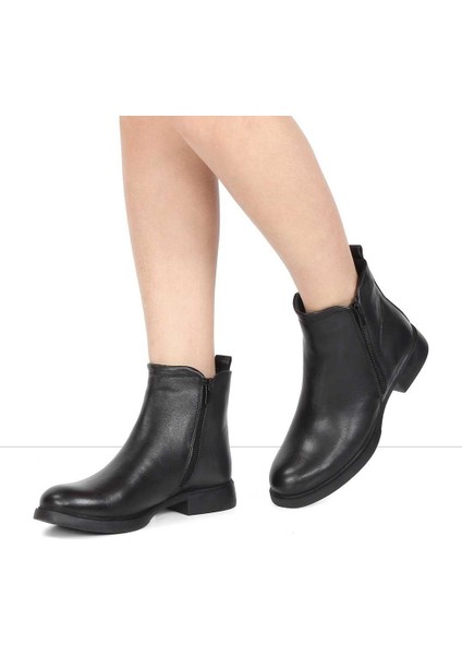 Kadın Siyah Çift Fermuarlı Deri Bot