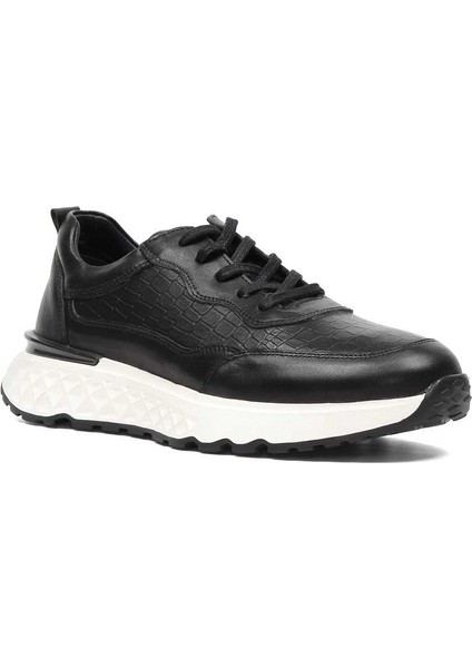 Erkek Siyah Bağcıklı Kalın Tabanlı Kroko Deri Sneaker modelleri