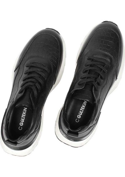 Erkek Siyah Bağcıklı Kalın Tabanlı Kroko Deri Sneaker