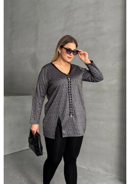 Büyük Beden V Yaka Önü Fermuarlı Yırtmaç Detaylı Bluz 173670 fiyatları