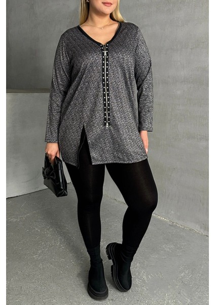 Büyük Beden V Yaka Önü Fermuarlı Yırtmaç Detaylı Bluz 173670 indirimleri