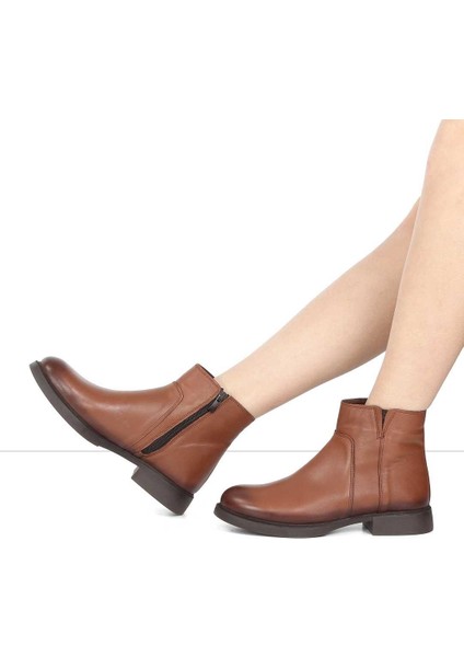 Kadın Taba Fermuarlı Kalın Topuklu Deri Bot