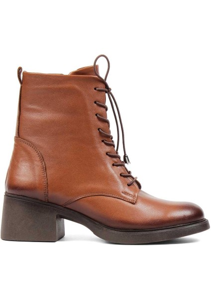 Kadın Taba Bağcıklı Fermuarlı Deri Bot