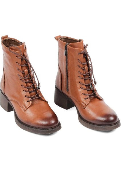 Kadın Taba Bağcıklı Fermuarlı Deri Bot