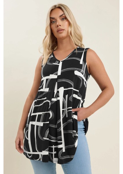 Büyük Beden V Yaka Sıfır Kol Pileli Desenli Likralı Bluz 304105