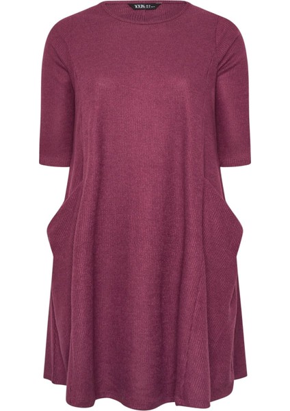 Büyük Beden Yarım Kollu Bisiklet Yaka Asimetrik Cepli Elbise 303803