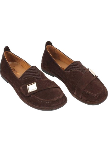 Kadın Kahverengi Tokalı Süet Deri Loafer