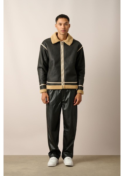 R-2461 Şerit Detaylı Fermuarlı Içi Kürklü Mont