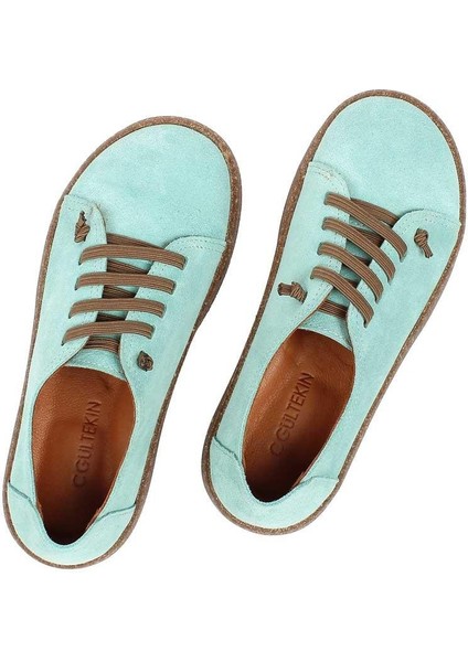 Kadın Turkuaz Bağcıklı Kalın Tabanlı Süet Deri Ayakkabı