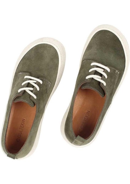 Kadın Haki Bağcıklı Kalın Tabanlı Süet Deri Ayakkabı